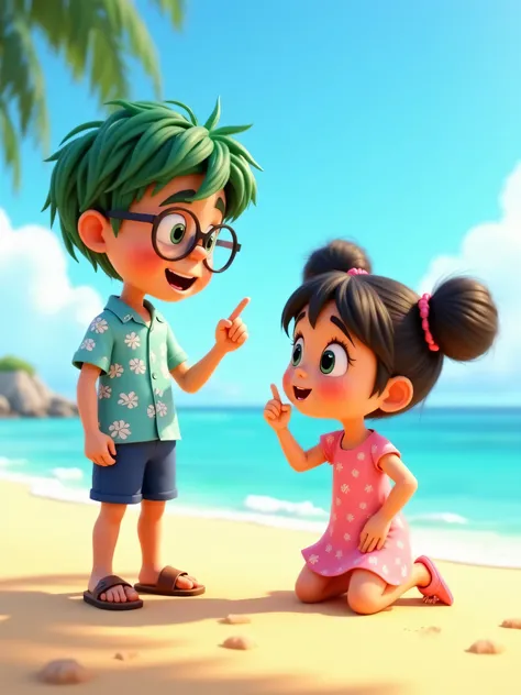 A cute boy, Owo, , with green hair slightly messy hair, big round glasses, wearing a light blue short-sleeved Hawaiian shirt with white palm tree prints, navy blue shorts, and brown sandals. Owo is explaining something while pointing at the ocean with an e...