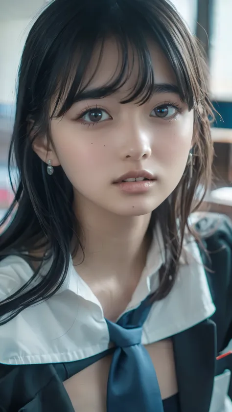 Long neck,Browsing Caution,Flat chest,Highest quality,Ultra-high resolution,1 person,whole body,Black Hair, bangs, Cool look,Looking into the camera,beautiful and delicate face,Fine and beautiful skin,Skin Texture,high school student, school uniform, (A wh...