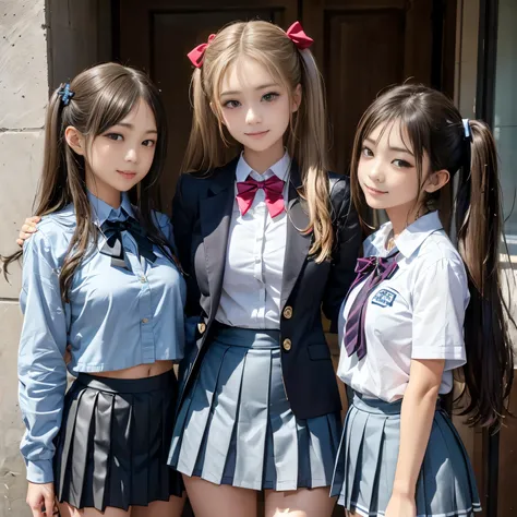 (High School Uniform, Pleated mini-skirt:1.3), ((high-school uniform)),bow ribbon、 , 2girls, Twintail hairstyles,