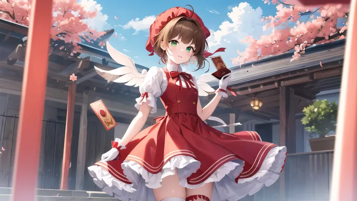  Masterpiece,  top quality,  Hi-Res, kinomoto sakura,  1 girl,  brown hair,  short hair,  antenna hair,  red headwear ,  green eyes , frills,   red dress,  Puffy Short Sleeves,  white gloves,  red ribbon,  white knee-highs, Wings,  standing,  holding card 