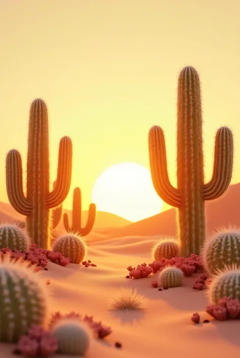 3D style landscape,  desert with several cactus plants,  these plants must have a plush texture, The sky must be yellow