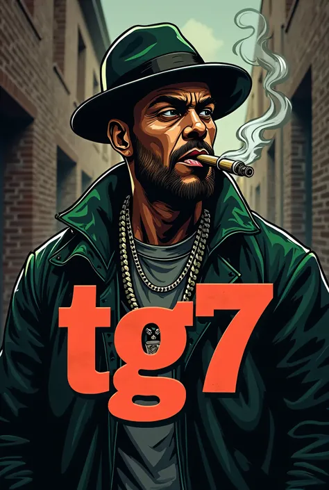 A logo of a gangster smoking weed written tg7