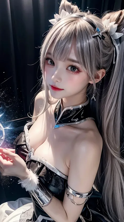 Fantasy style, magical girl costume, world of light and shadow, (Magic girl),(crystal magic_circle),Black and white entanglement,crystal and silver entanglement, Medium distance shot, detailed face, wide angle lens