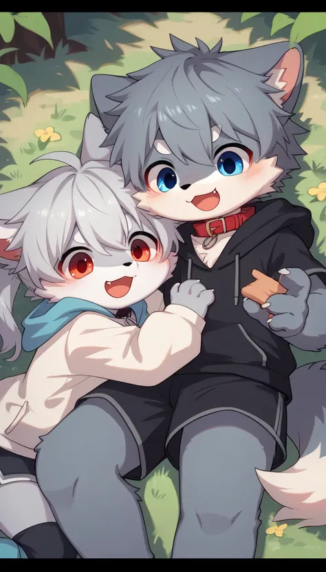   in great detail having fun in great detail,gray hair and gray fur , gray wolf , shemono,Age 15,Participation, red collar on the floor,  cute face,  fluffy fur ,The three cute furries dance ！Horny boy , white background ,(Two animals cry together ) embarr...