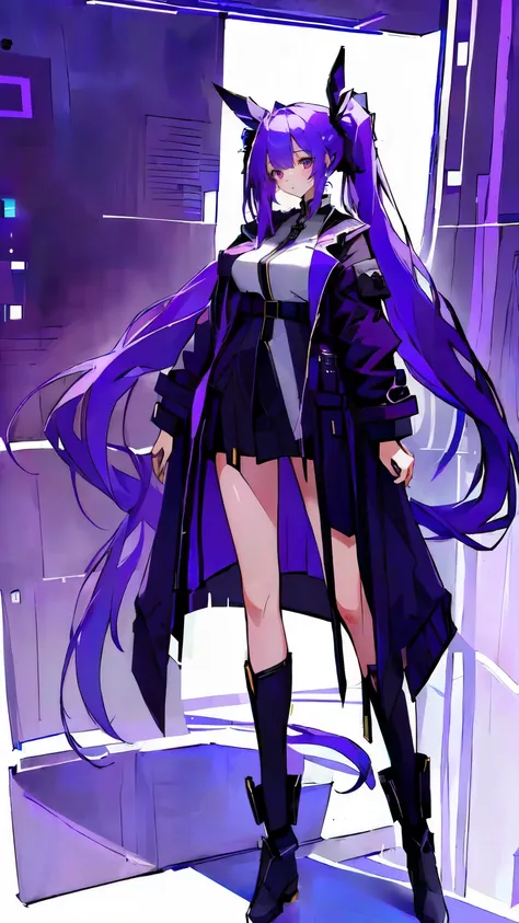 Girl with long purple hair and double ponytails，Black purple coat，Facing the screen，Full body picture，Flesh color，Boots