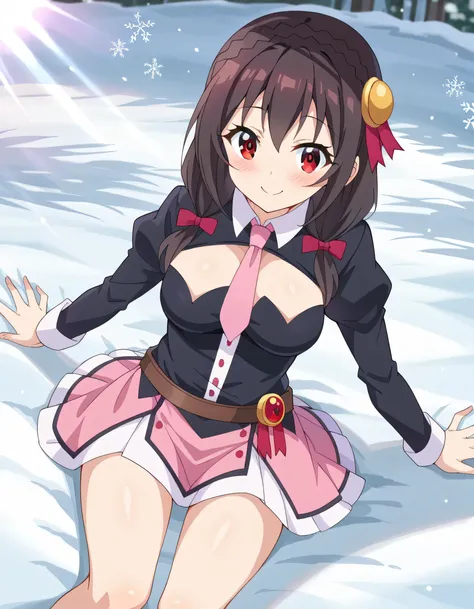  high image quality, high quality、 
Yunyun、  black hair,  hair accessories ,  red eyes, ,  braided, crown  braided,
 skirt by humili,  thighs,  Long Sleeve,  tie,   Outfit Cutout,  cleavage cutout, pink  tie、 view viewer、(blush)、(A pleasant smile)、( I lie ...