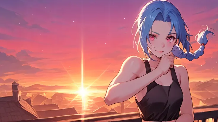 Jinx of the arcane tv series on roof top at the evening sunset with a short skirt and a v neck tank top, 4k resolution, Ultra quality,, breathtaking digital art, 8k, high resolution, best quality, Blue long braided hair, carefully generated beautiful hands...