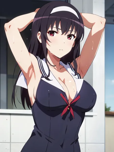  top quality,  Masterpiece, Watch Viewers , show me your armpits, wet skin, alone,  one girl,  2D, anime, color,   Kasumigaoka Uta,  cleavage, sleeveless, black sailor suit,