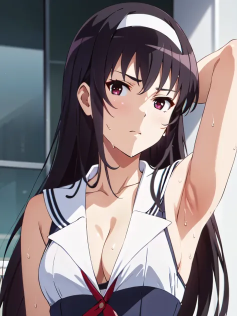  top quality,  Masterpiece, Watch Viewers , show me your armpits, wet skin, alone,  one girl,  2D, anime, color,   Kasumigaoka Uta,  cleavage, sleeveless, black sailor suit,