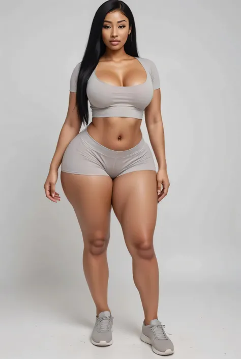 ((Full body)), front view,  , straight black hair, bigboobs, ((  sweat shorts, sexy top, gym shoes, ((( curvy body, wide hips))) )), plain background
