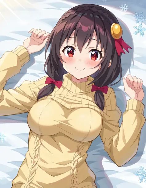  high image quality, high quality、 
Yunyun、  black hair,  hair accessories ,  red eyes, ,  braided, crown  braided,
( yellow sweater:1.2)、 view viewer、(blush)、(A pleasant smile)、( I lie down in a large shape on fresh snow)、( I can see my whole body)、sprawl...