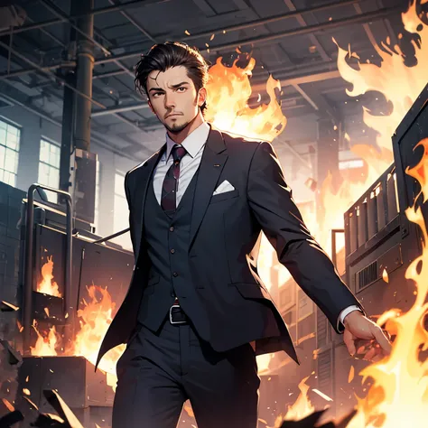 man in suit going throw fire