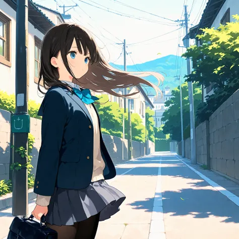 (masterpiece), (best quality), (ultra-detailed), artist:fujiyama, 1girl, route of a school, wind,
