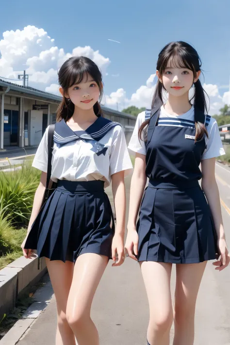 2 girls walking in rural railway station,long train,cumulonimbus cloud in summer blue sky,white sailor shirt and navy blue pleated skirt,18-year-old,bangs,a little smile,thighs,knees,wet short hair with low pigtails bunches,from beside,front light