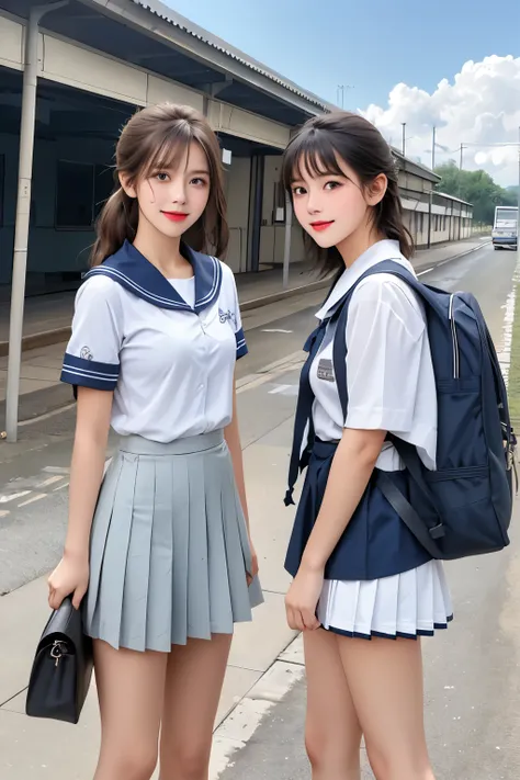 {2 | 3 | 4} girls in rural railway station,cumulonimbus cloud in summer sky,short-sleeved white shirt with sailor collar,navy blue pleated skirt,school bag,18-year-old,bangs,a little smile,thighs,knees,short hair with low pigtails bunches,from beside,front...