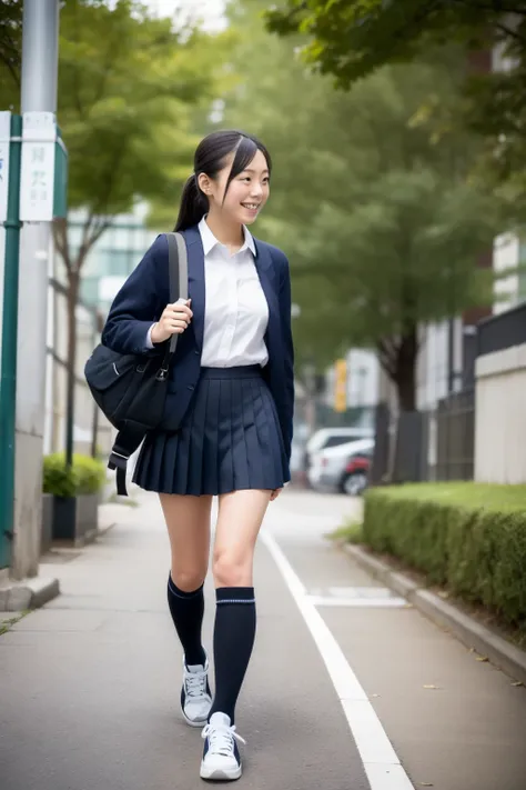 A  Japanese elementary school girl walks along a Japanese sidewalk, collared shirt,dark blue school sweater , Navy Blue Pleated Miniskirt:1.5, Micro Miniskirt , long black hair:1.5, sheer knee-high socks:1.5,Wearing sneakers,Girl in uniform walking :1.5， c...