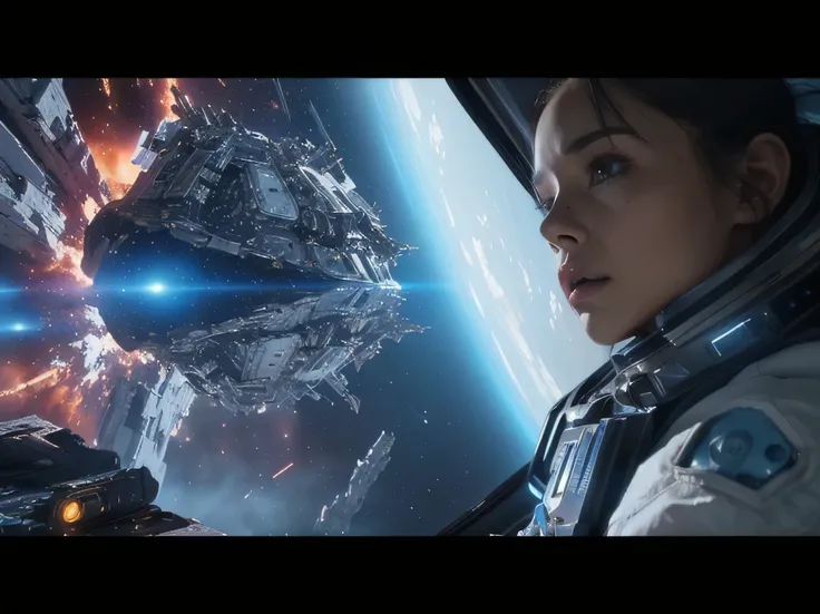 a close up of a  in a space suit looking at a spaceship, in a scifi movie, from a 2 0 1 9 sci fi 8 k movie, zoe kravitz futuristic astronaut, shattered sky cinematic, valerian, an epic space ship scene, epic scifi movie still, new scifi movie, ps5 cinemati...