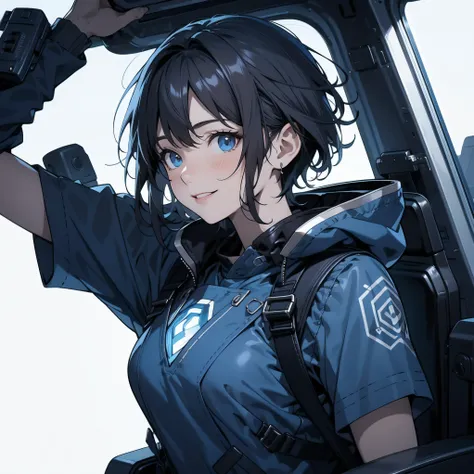 scenery、rain、 in the seat、Alone、 moderate bust、 upper body、 Face Up 、smile、ruanyi0152 、(  white background)、 ruanyi0238 、  blue glowing parts 、cable、Machinery Parts、  long dark hair、 short hair、whole body、 top quality、 Masterpiece、 Hi-Res、 dynamic pose、 mo...