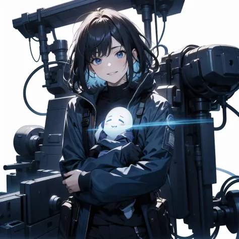  in the seat、Alone、 moderate bust、smile、ruanyi0152 、(  white background)、 ruanyi0238 、Ghost in the Shell glowing blue parts、cable、Machinery Parts、  long dark hair、 short hair、whole body、 top quality、 Masterpiece、 Hi-Res、 dynamic pose、 model stand、 Official...