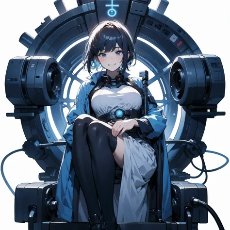  in the seat、 moderate bust、smile、ruanyi0152 、( white background)、 ruanyi0238 、Ghost in the Shell glowing blue parts、cable、Machinery Parts、  long dark hair、 short hair、whole body、 top quality、 Masterpiece、 Hi-Res、 dynamic pose、 model stand、 Official Art、  ...