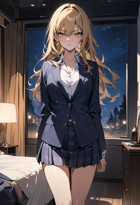 (('s greatest masterpiece, super quality:1.2)),( super resolution on the floor),(solo), cowboy shot,night,Slender high school girl standing in a hotel room, beautiful face, long golden hair,perfect golden eyes,Tree Eyes, high quality unbuttoned navy blue b...