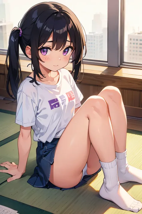 Elementary school girl ８ year-old toddler flat chest black hair short twin tails purple eyes 　smile （（One person）） Upper body short sleeve t-shirt 　  lower body navy blue denim miniskirt　 white panties　（（ I can see my panties ）） 　 white socks　Sitting on th...