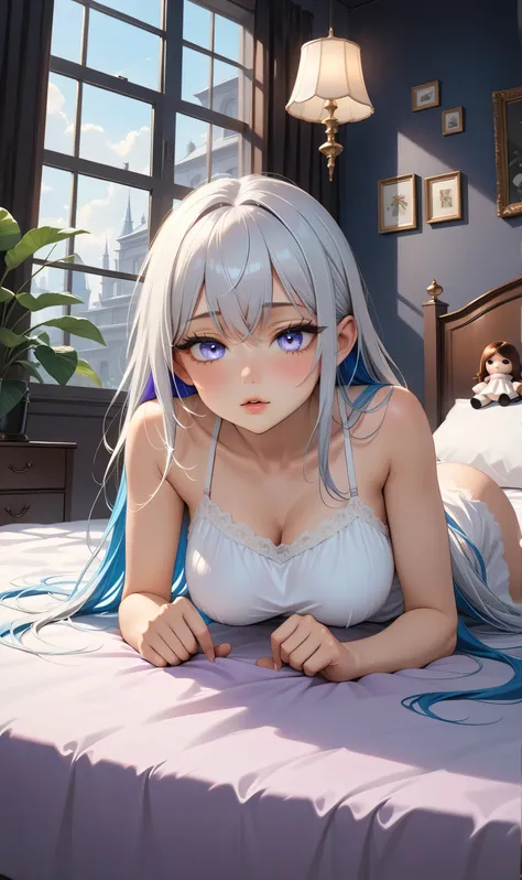  ((Random porn pose)), (Mastepiece), ((Ultra detailing)), (very aesthetic, best quality, ultra detailed), intricate details, 1girl, silver hair, Messy hair, Blue inner hair  ,(Silver eyes),((Detailed eyes)), ((Beautifull eyes)), ((prefect eyes)), long hair...