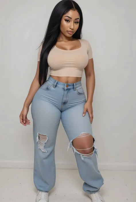 ((Full body)), front view,  , straight black hair, bigboobs, (( ripped denim jeans, sexy blouse, gym shoes, ((( curvy body, wide hips))) )), plain background
