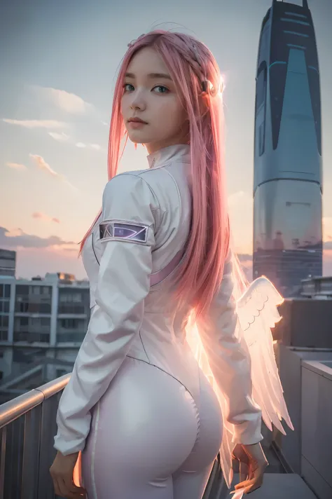 ((masterpiece, best quality, extremely detailed), volumetric lighting, ambient occlusion, colorful, glowing), 
1girl, solo, young girl, (pink hair), long hair, halo, aura, sacred, godness, cyber suit, (white outfit:1.3), android, bot, angel wings,
outdoors...