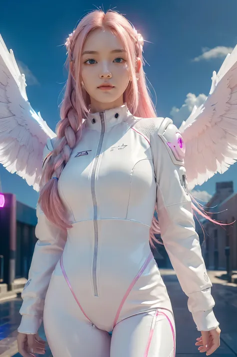 ((masterpiece, best quality, extremely detailed), volumetric lighting, ambient occlusion, colorful, glowing), 
1girl, solo, young girl, (pink hair), long hair, halo, aura, sacred, godness, cyber suit, (white outfit:1.3), android, bot, angel wings,
outdoors...