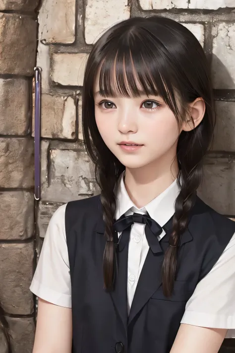 (8k, RAW photo, photorealistic:1.25) ,(upper body, lip gloss, eyelashes, Shiny surface, Glossy Skin, best quality, ultra highres, allows depth of field), (school uniform, vest, short two braids hair, Color Difference , caustics, blow lighting , Natur...