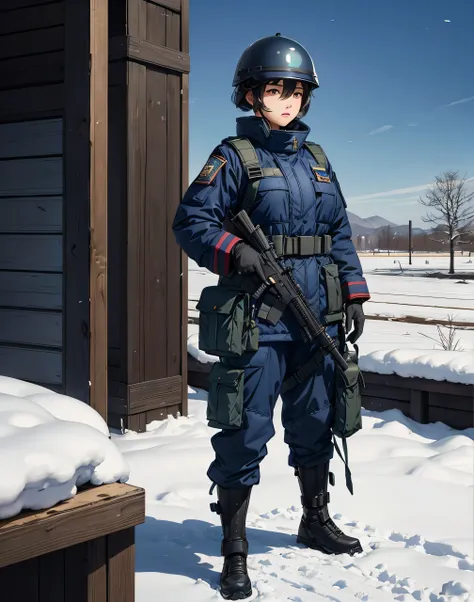 one female soldiers in Peacock Navy color thick coats、 Wear a helmet 、Standing guard at the front、Winter gloves ，Tactical shoulder strap、Magazine Pouch、 Holding a gun， Winter military base ， write details、 masterpiece、 are of the best quality 、High precisi...