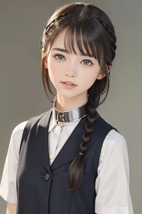 (8k,  RAW photo,  photorealistic:1.25) ,(upper body, lip gloss,  eyelashes, Shiny surface, Glossy Skin,  best quality, ultra highres, allows depth of field), (school uniform, vest, short two braids hair:1.5), (Color Difference ,  caustics,  blow lighting ,...