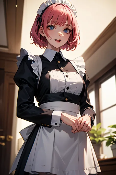 (best quality,4k,high resolution,masterpiece:1.2),detailed eyes,beautiful detailed lips,extremely detailed large eyes and face,long eyelashes, perfect anatomy, a maid with short pink hair is standing elect and immobile, Europian noble face,face with  no em...