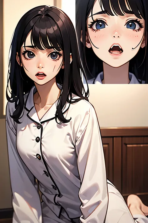 (best quality,4k,high resolution,masterpiece:1.2), A 14-year-old girl  falls in a hospital halfway, kneeling up on the floor of the halfway, looking up, being shocked,being very scared, being surprised, a photorealistic cute girl with long black hair, wear...