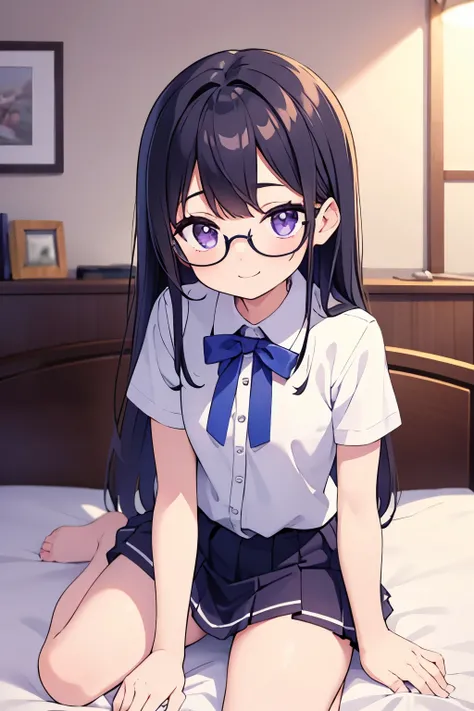  flat chest black hair straight long hair bangs 7：3 splits （（ forehead is sticking out in front of the piano））  purple eyes round glasses 　smile　（（One person）） white blouse　Light blue miniskirt 　white s panties 　 white socks　（（ I can see my panties ）） girl...