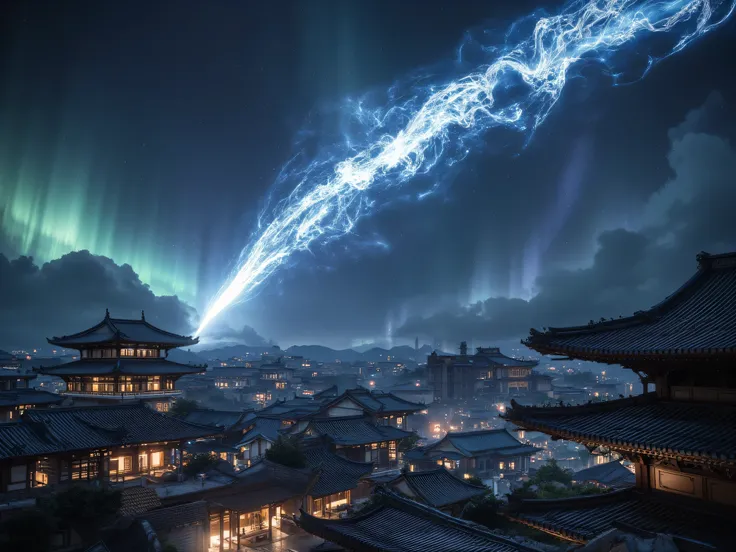 Clear Barium, Ancient Chinese style city, ดาวตกดวงหนึ่งพุ่งทะลุClear Barium,  inches, Blue aurora in the sky ,  giant form film ,  Masterpiece,  clear detail,  8k resolution .