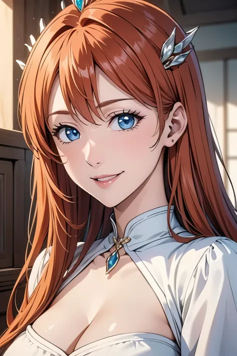 portrait, elegant mature woman, blue eyes, very long ginger hair, orange hair, big breast, ultra detailed cg 8k, beautiful cg, soft light, smiling, white dress, diamond collar, princess crown