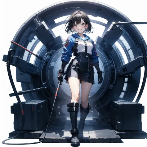  in the seat、 moderate bust、smile、ruanyi0152 、( white background)、 ruanyi0238 、 blue glowing parts 、cable、Machinery Parts、  long dark hair、 short hair、whole body、 top quality、 Masterpiece、 Hi-Res、 dynamic pose、 model stand、 Official Art、  Extremely elabora...