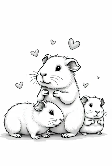 Make line drawings of a guinea pig that looks very real,  Guinea pigs who give themselves a Valentine's heart, for a ren's coloring book or adult coloring book, 