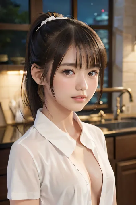 (8k,  RAW photo,  photorealistic:1.25), (looking at viewer, Messy hair, disheveled wet Hair, wet short ponytail hair:1.8), (white headband:1.2) (lip gloss,  eyelashes, Shiny surface, Glossy Skin,  best quality, ultra highres,  allows depth of field, Color ...