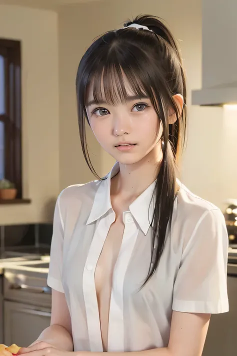 (8k, RAW photo, photorealistic:1.25), (looking at viewer, Messy hair, disheveled wet Hair, wet short ponytail hair, very short hair:1.8), (white headband:1.2) (lip gloss, eyelashes, Shiny surface, Glossy Skin, best quality, ultra highres, allows depth...