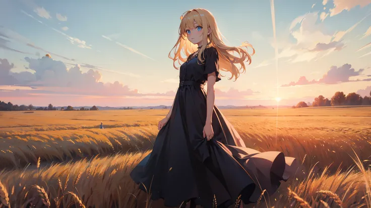  Blonde Hair ， blue eyes， dress，Hands behind back，Standing in the wheat field