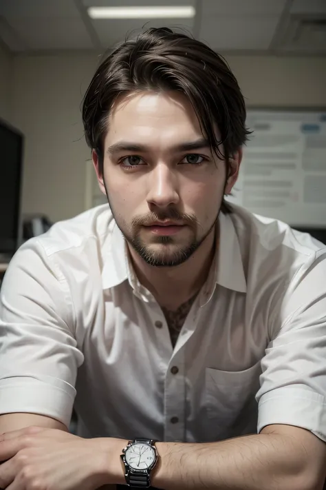 picture of a white man, with beard white and black, brown eyes white shirt, wearing a watch on left arm in an office, short hair, aproximtely 40 years old