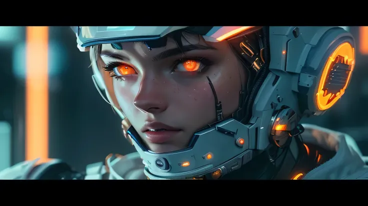 a close up of a person wearing a helmet with glowing eyes, cyberpunk art ultrarealistic 8k, hyper-realistic cyberpunk style, advanced digital cyberpunk art, cyberpunk art style, attractive sci - fi face, astronaut cyberpunk electric, sci-fi digital art, hy...