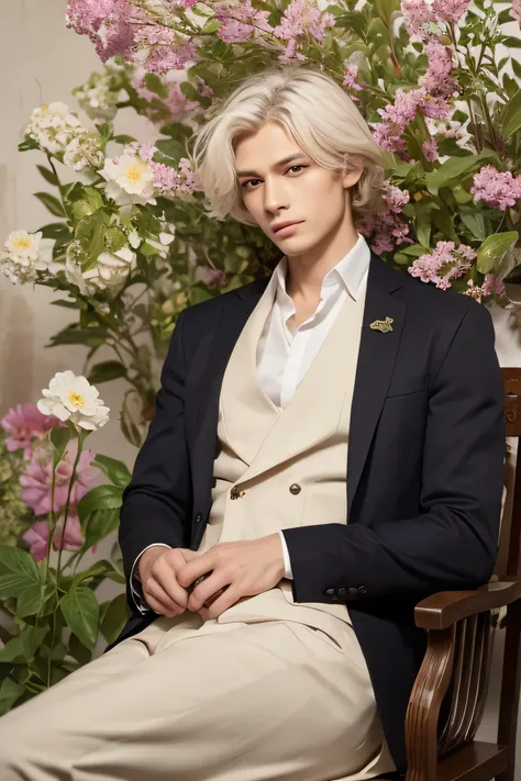 A handsome man with short flowing hair, white hair and pink eyes, surrounded by art nouveau-style leaves and flowers, sits serenely. The background is a gradient of beige and red lines, creating an atmosphere reminiscent of Alphonse Mucha's works. In front...