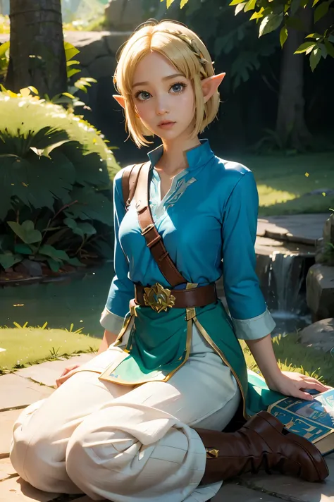 princess zelda, 1girl, artist request, belt, blonde hair, blue shirt, book, boots, expressionless, full body, green eyes, highres, looking at viewer, magic, nintendo, pants, pointy ears, shirt, short hair, simple background, solo, the legend of zelda, the ...