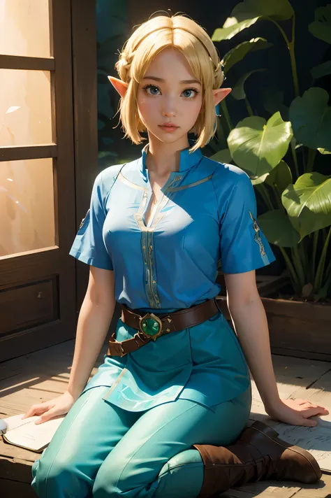 princess zelda, 1girl, artist request, belt, blonde hair, blue shirt, book, boots, expressionless, full body, green eyes, highres, looking at viewer, magic, nintendo, pants, pointy ears, shirt, short hair, simple background, solo, the legend of zelda, the ...