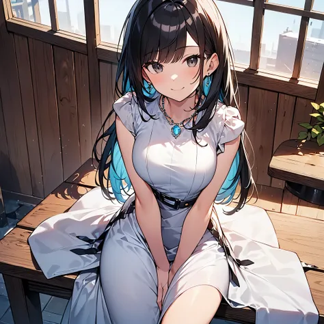  beautiful, Interwoven white and blue dress, A small jewel necklace around the neck, exterior, Cafe seats,  window,  Sitting, afternoon,  smiles, 
(solo:1.1), 
( one girl:1.2), ( detailed and perfect long black hair :1.2), ( detailed and perfect long black...