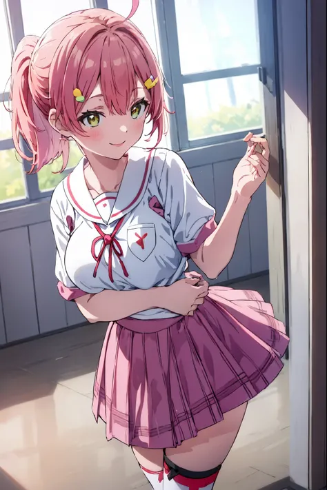 masterpiece, best quality, 1 girl, solo, MikoSchool, ahoge,pink_hair,(short_ponytail), hairclip, white shirt, sailor_collar, pink_skirt, plaid, white_thighhighs, short_sleeves,  looking through legs,smile,large_breasts,